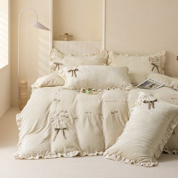 Korean Lace Milk Velvet Four-Piece Winter Thickeneded Warm Butterfly Quilt Cover Coral Velvet Girly Heart Lace Bedding