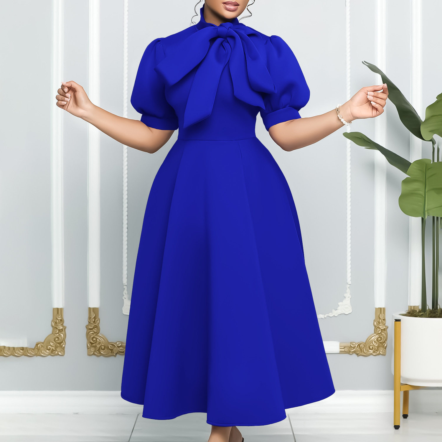 Summer Womens Short Sleeve Bow Tie A Line Party Dress Elegant Design Comfortable Fabric Versatile for Events