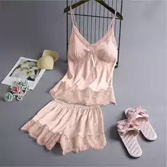 Loose Suspender Korean Style Two-Piece Pajamas for Women Summer Ice Silk with Breast Pads Spring and Autumn Shorts Suit Home Wear Thin Style