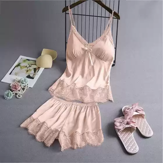 Loose Suspender Korean Style Two-Piece Pajamas for Women Summer Ice Silk with Breast Pads Spring and Autumn Shorts Suit Home Wear Thin Style