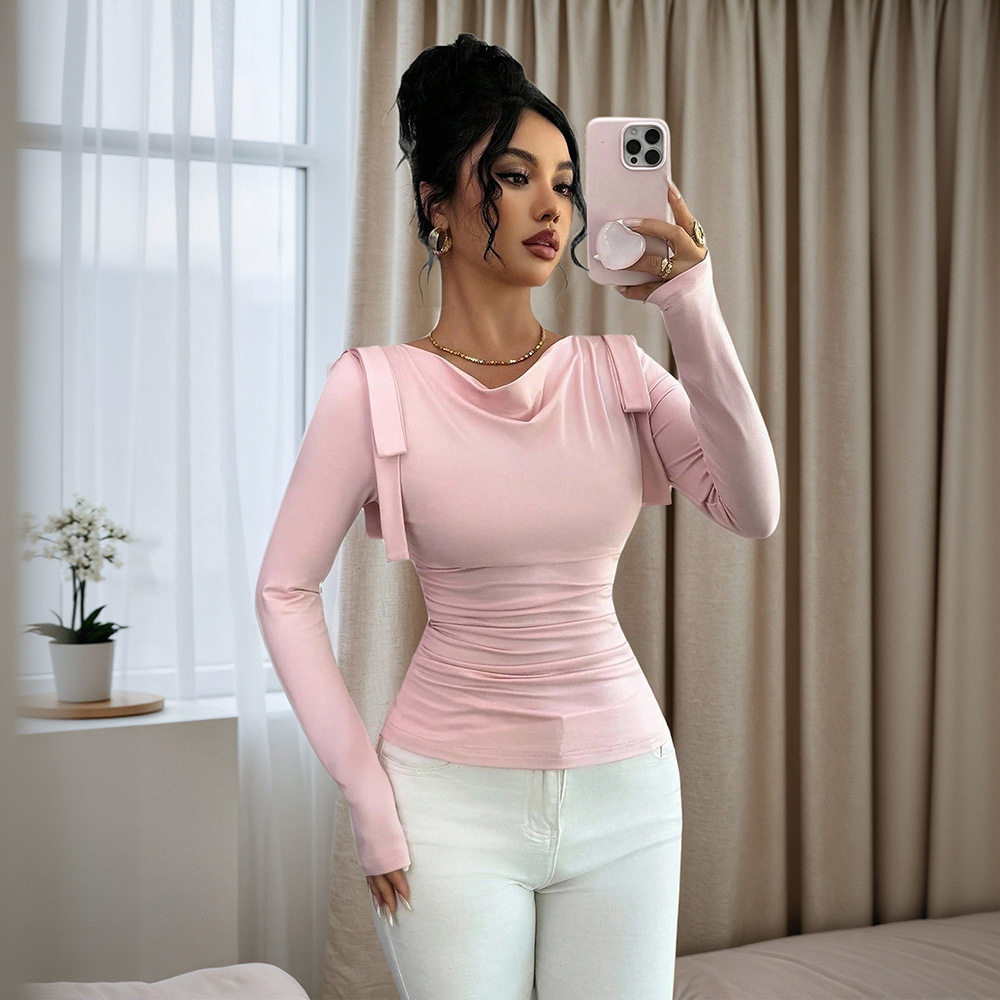 Womens Slim Fit Long Sleeve T Shirt Stylish Solid Color Ruffled Neckline Versatile for Spring and Autumn Wholesale