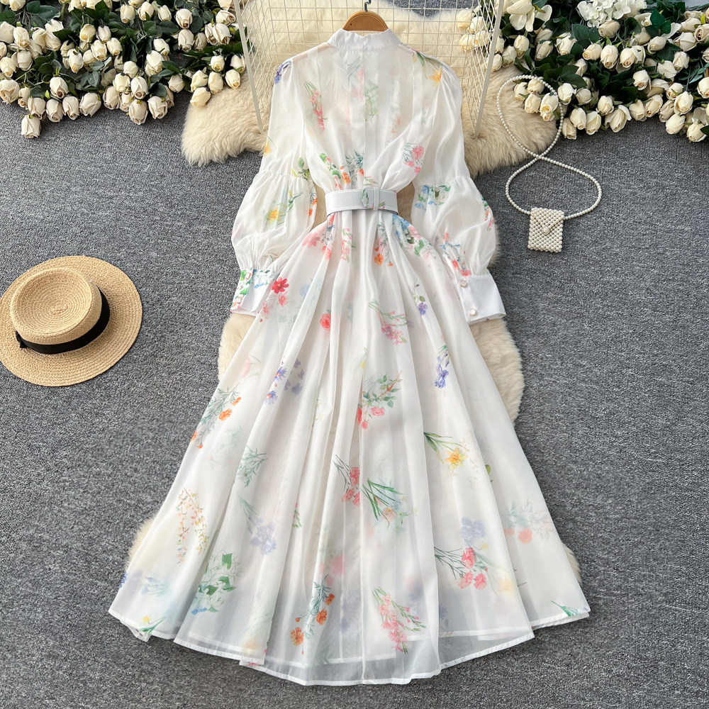 French Romantic Lantern Sleeve Floral Dress Hollow Out Waist Tie A Line Silhouette Elegant Evening Wear Wholesale