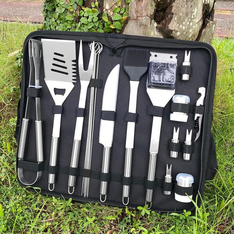 Cross-Border New 20-Piece Stainless Steel Barbecue Set Tube Handle Grill Seasoning Bottle Outdoor Bbq Barbecue Tools