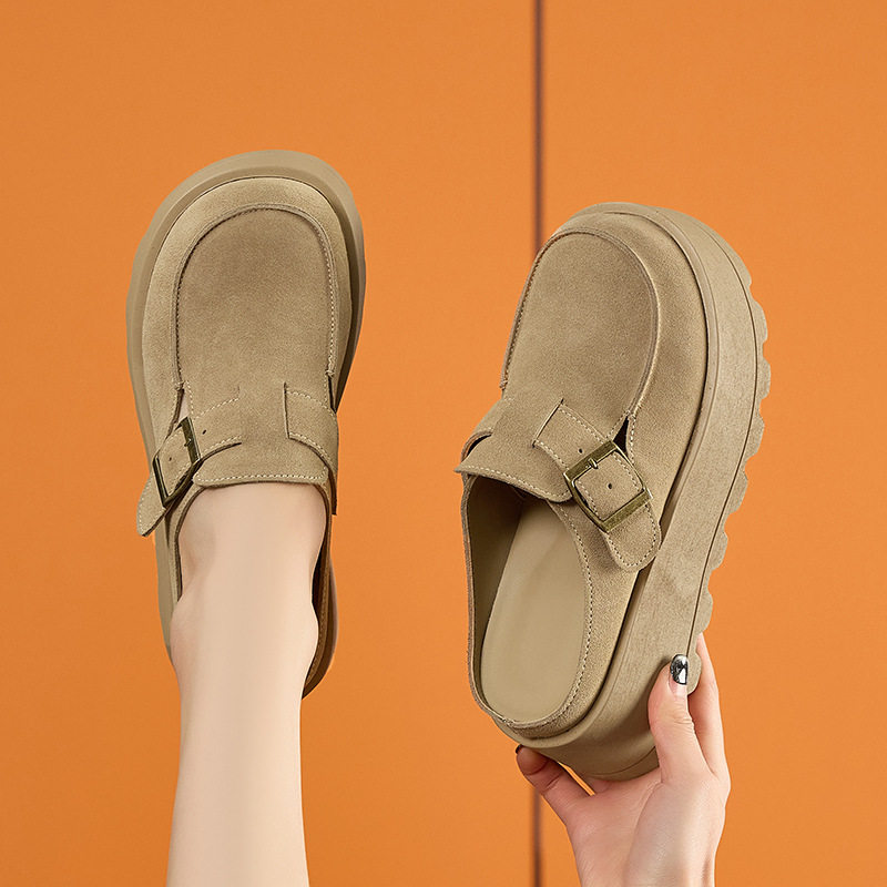 Dép sandal nữ đế platform da bò thật phong cách Birkenstock — Lạc đà, Mơ