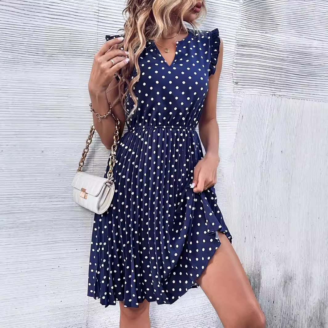 Polka Dot Ruffled Dress V Neck Short Sleeve Lightweight Fabric Casual Summer Wear Wholesale Available