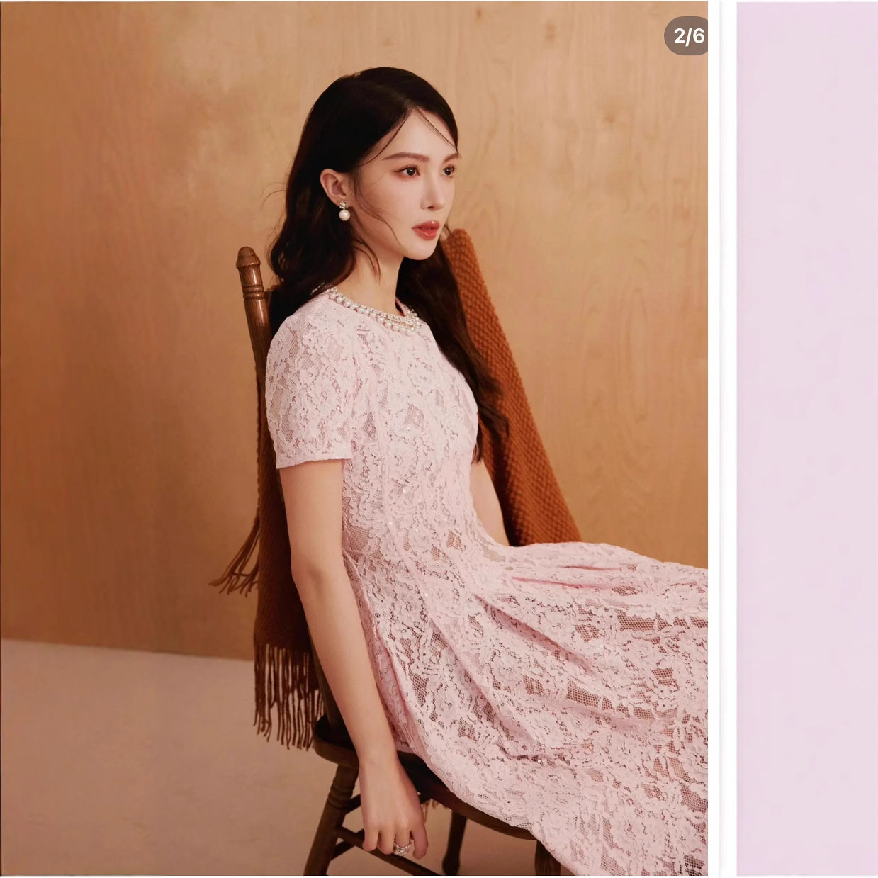 Đầm maxi nữ thắt eo cổ tròn ren hoa 3D tay ngắn midi — Hồng