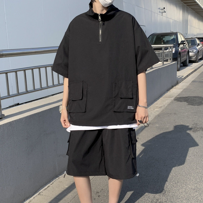 潮流情侣装短袖拉链T恤套装痞帅男士春夏季ins潮牌宽松工装衣服