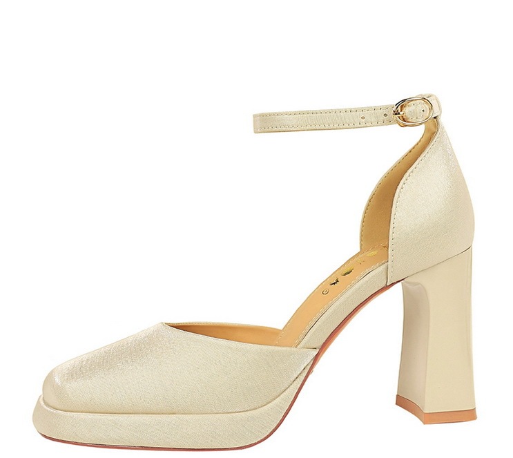 Sandal cao gót nữ quai ngang mũi vuông đế xuồng mặt satin — Màu đen, Màu đỏ rượu, Màu sâm panh, Màu trắng