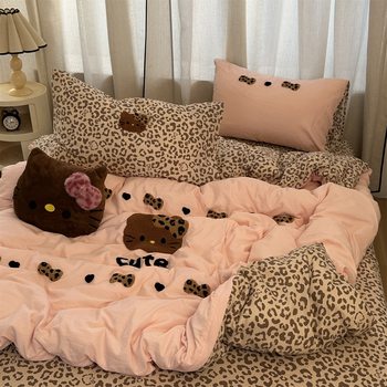 Cartoon Leopard Print Kt Towel Embroidered Four-Piece Set Pure Washed Cotton Double-Layer Yarn Quilt Cover Quilt Cover Bed Bed Sheets Three-Piece Set