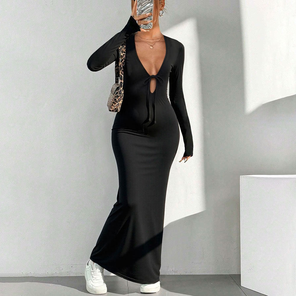 Elegant Black V Neck Maxi Dress Chic Design Spring Summer Style Perfect for Parties Wholesale Available
