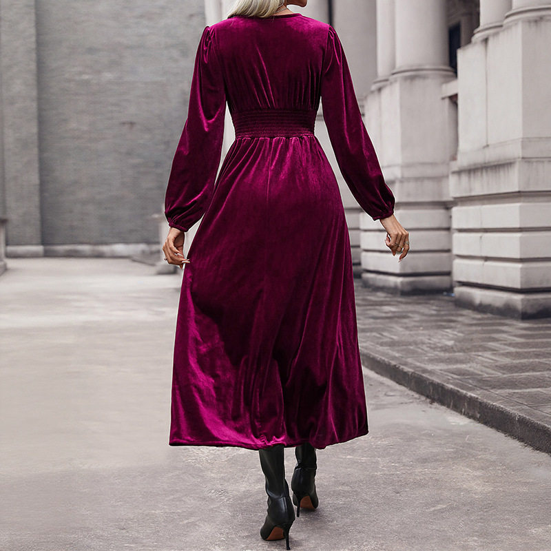 Velvet Long Sleeve Dress Solid Color Elegant Style Autumn Winter Wear Wholesale Available bulk order