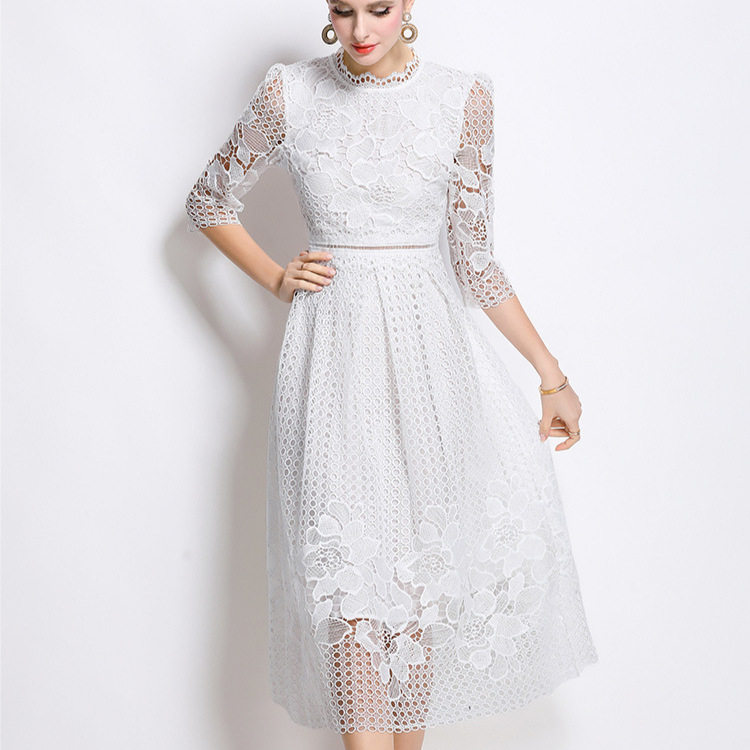 Elegant Mid Length Dress Slimming Hollow Water Soluble Lace Perfect for Formal Events Ready to Ship