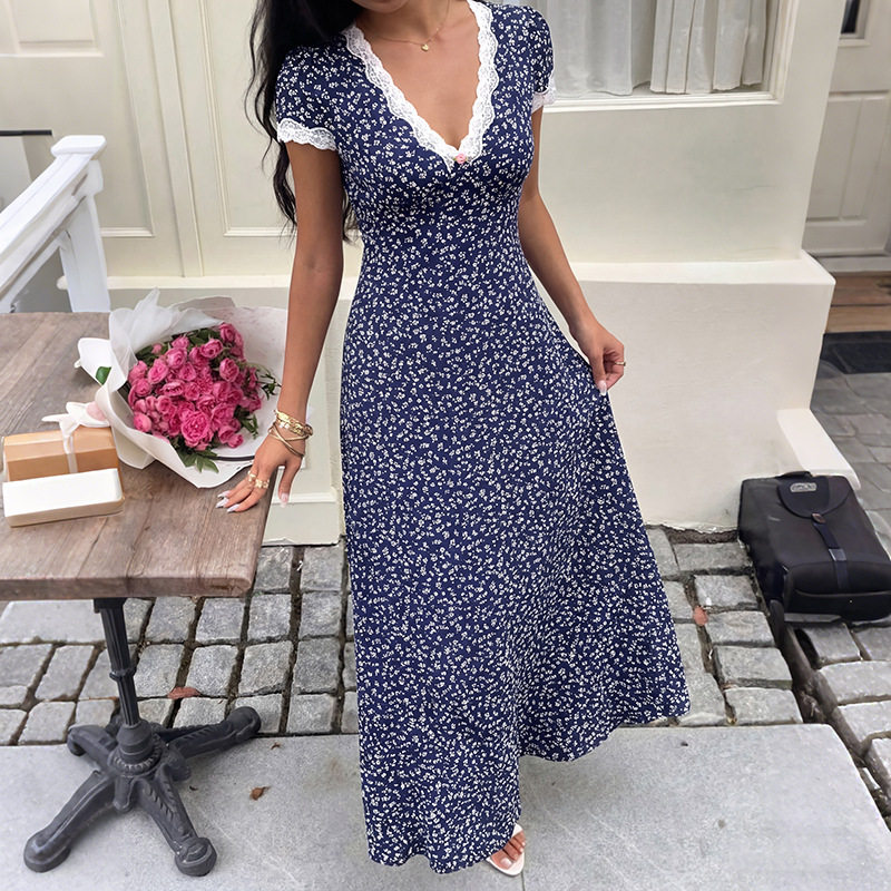 Floral Print Lace Trimmed V Neck Short Sleeve Dress Sweet Vacation Style Ideal for Summer Events Wholesale Available