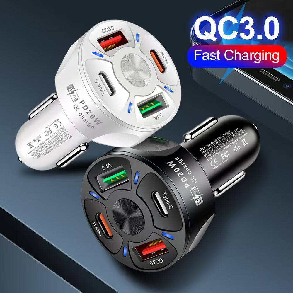 66W Car Charger Qc3.0 Fast Charging One-To-Four Car Cigarette Lighter Plug Four-Port Car Charger Super Fast Charging