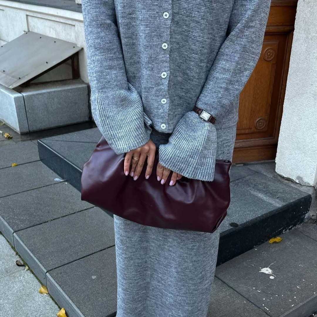 Womens Autumn Winter Solid Color Polo Cardigan and Flared Sleeve Sweater Set Elegant Knit Design Perfect for Casual or