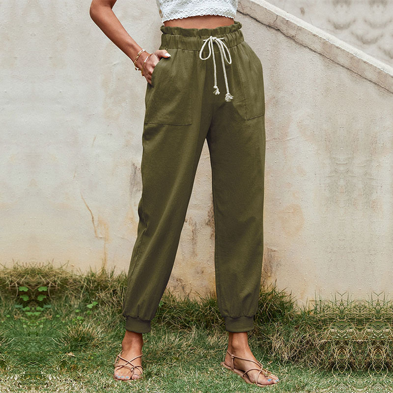 Casual Cotton Linen Jogger Pants Solid Color Drawstring Straight Leg Stylish for Everyday Wear Wholesale Available