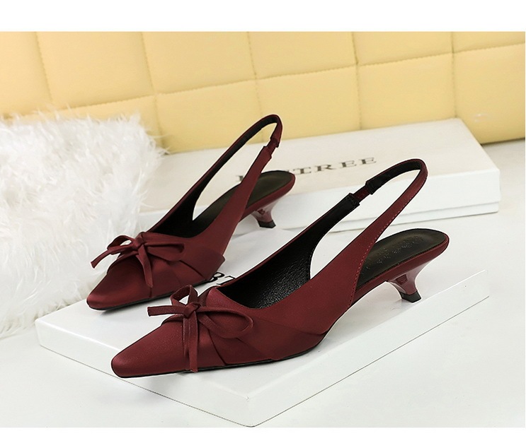 Giày cao gót mũi nhọn lụa satin thắt nơ quai hậu nữ tính — Màu đen, Màu đỏ rượu, Màu sâm panh