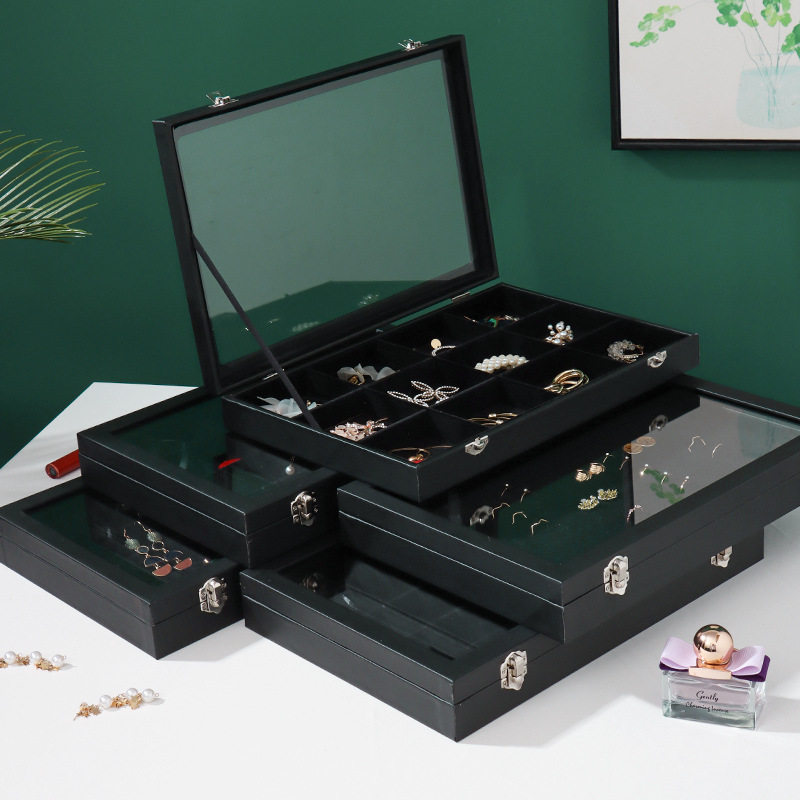 New Simple Single Layer with Lock Wooden Leather Jewelry Box Earrings Earrings Jewelry Box Large Jewelry Box Wholesale
