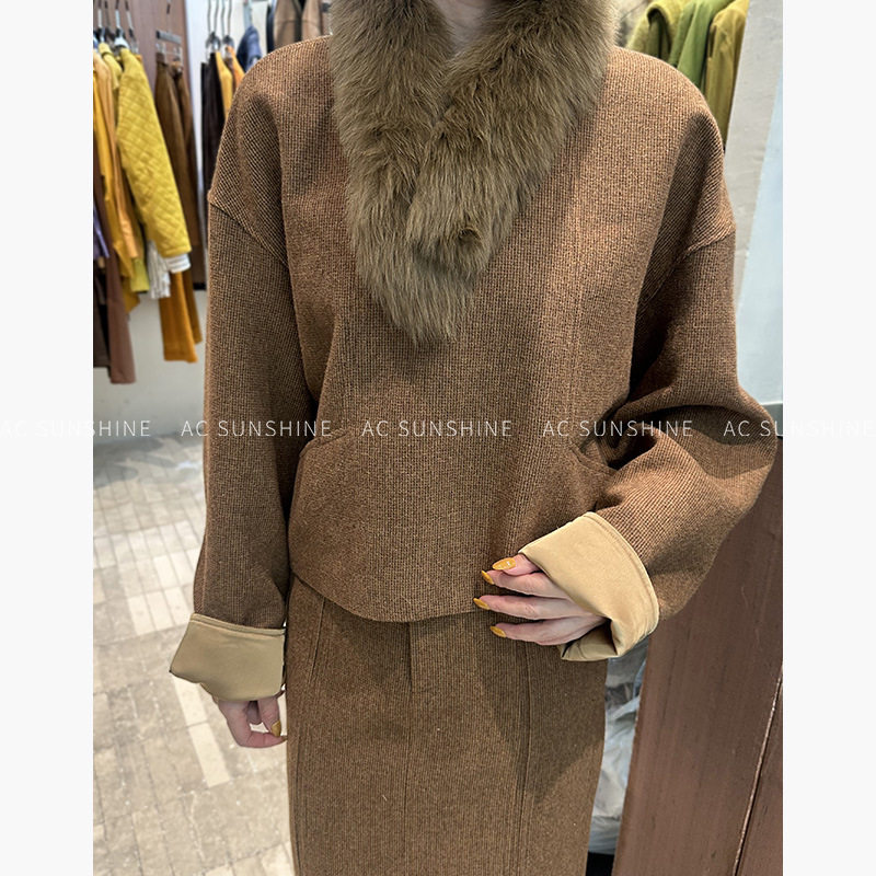 翡格依2026春季新款套头廓形可拆卸狐狸毛围脖羊毛长袖外套女上衣,淘宝优惠券,粉丝福利购,淘宝优惠卷