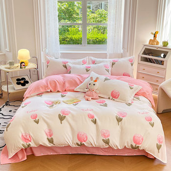 Cross-Border New Style Soft, Close-Fitting, Skin-Friendly, Simple Twill Washed Cotton Printed Dormitory Apartment Four-Piece Set Manufacturer Wholesale