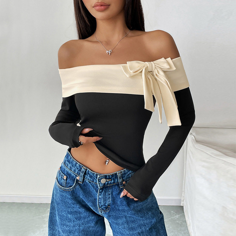 Off Shoulder Color Block T Shirt Sexy Bow Design European and American Style Casual Wear Wholesale Available