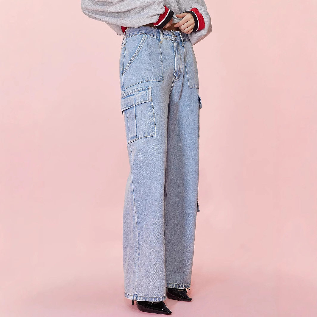 High Waisted Wide Leg Denim Trousers Loose Fit Utility Pockets Casual Style Womens Fashion Ready to Ship