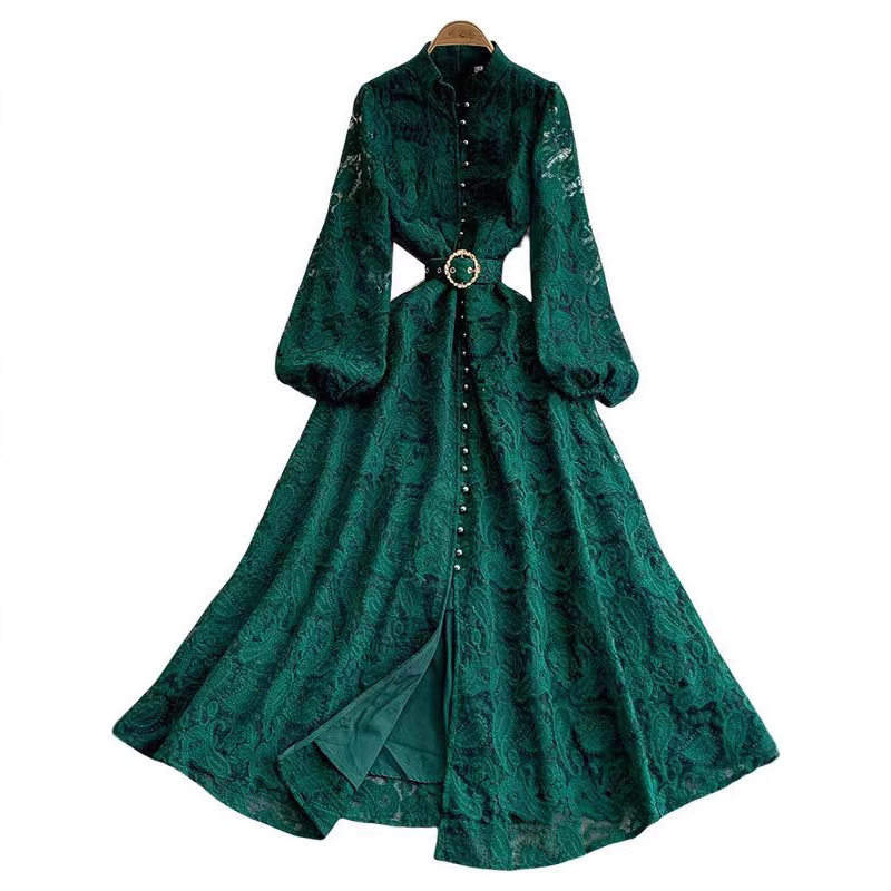 Elegant Womens Dress French Style Lace Slim Fit Button Closure Floral Embroidery Perfect for Formal Occasions
