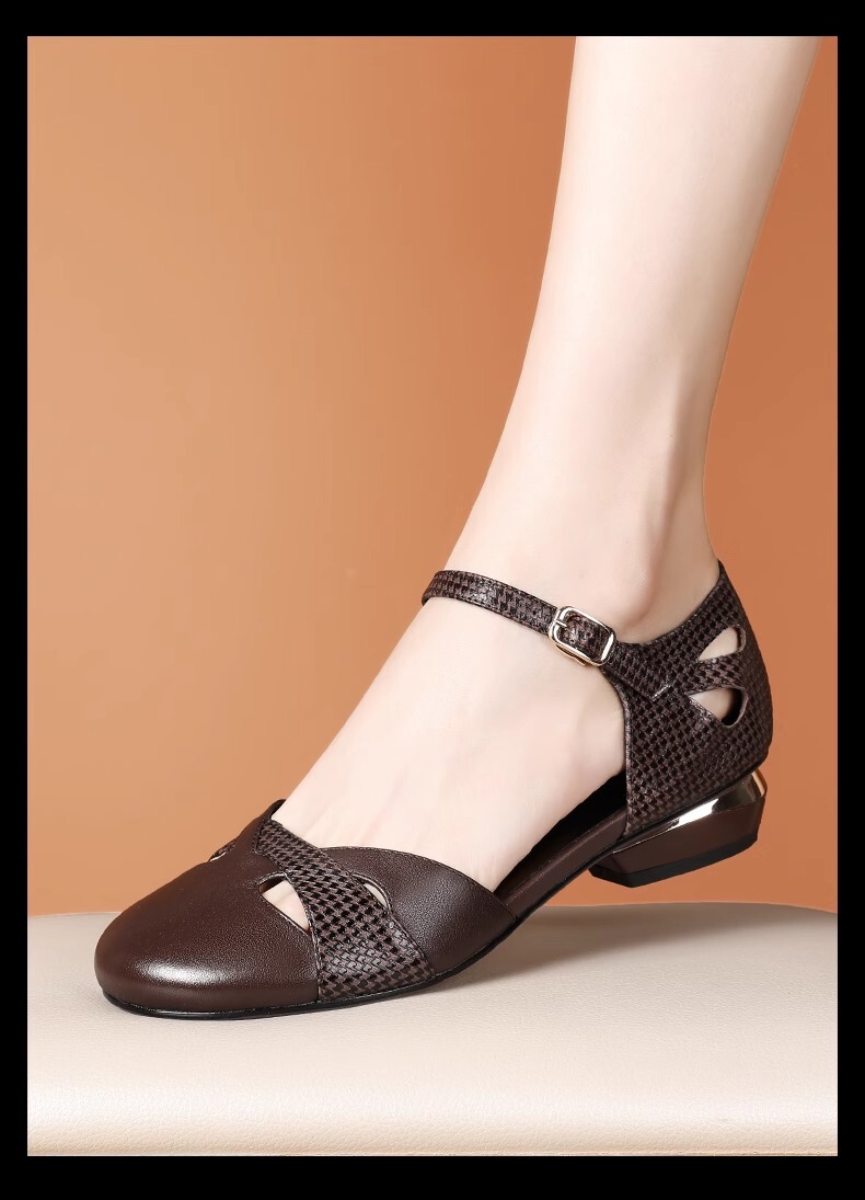 Sandal nữ quai ngang gót thấp đế bằng mềm êm phong cách thanh lịch dễ phối đồ — Màu đen, Màu nâu