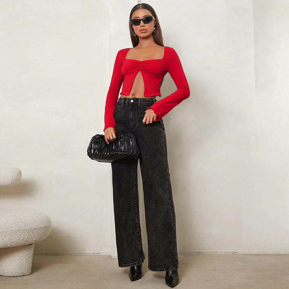 Womens Vintage Sexy Crop Top Slim Fit Long Sleeve Midriff Baring Spring Summer Fashion Wholesale Available