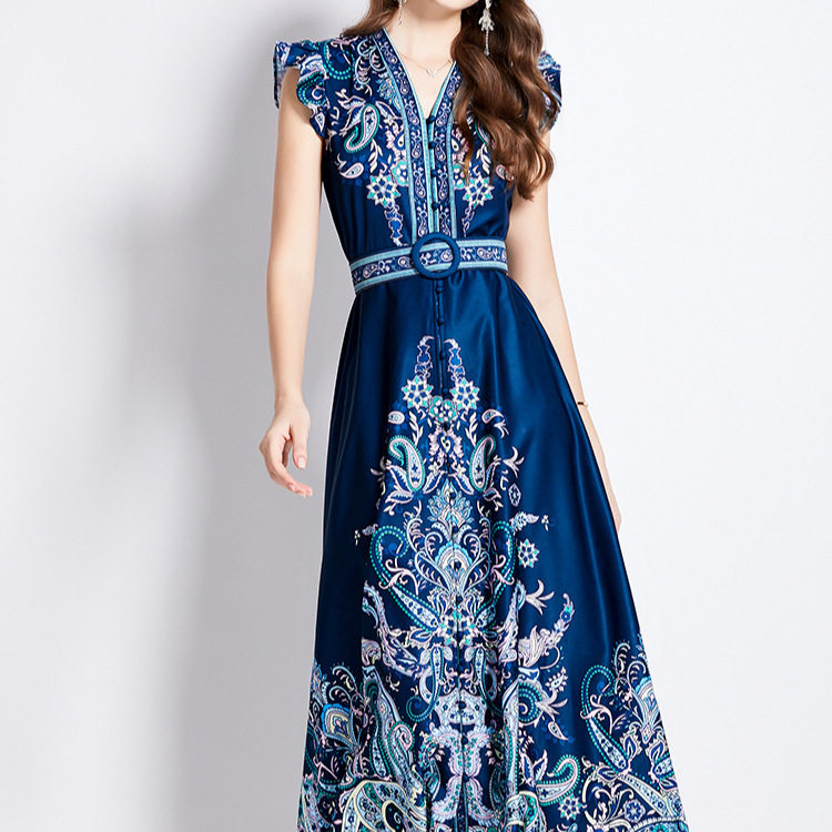 Vintage Inspired Elegant Floral Print Dress V Neck Lantern Sleeves Slim Fit Button Closure Perfect for Parties and