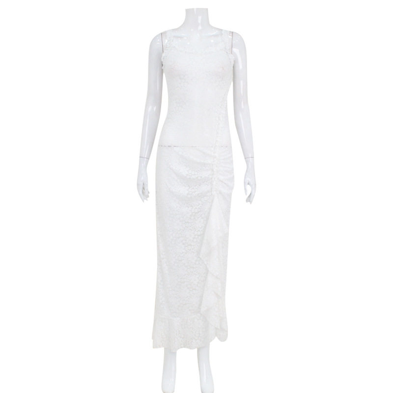 Lace Cami Dress Sheer Backless Split Hem Ruffled Edges Evening Wear Party Dress Wholesale Available