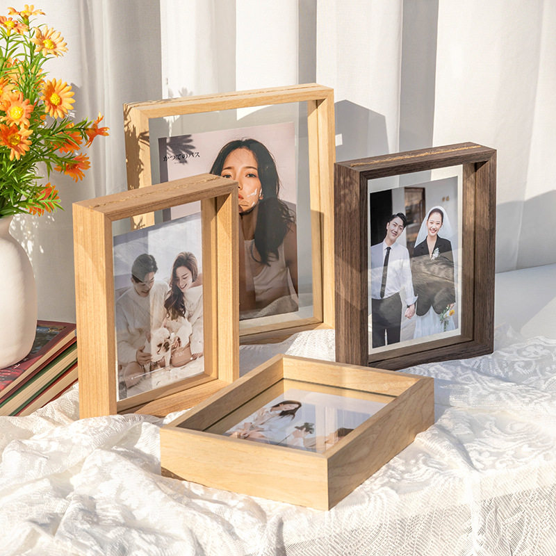 Solid Wood Texture Photo Frame Display Stand 6-Inch 8 Embossed Double-Sided Glass Photo Frame Album Specimen Frame Transparent Solid Wood Photo Frame