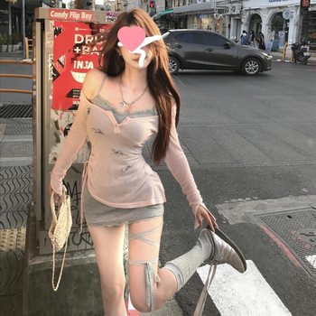 New Pure Lust Style Dress Slimming Hot Girl Sexy Slim Design Sun Protection Long-Sleeved Blouse Drawstring Two-Piece Set