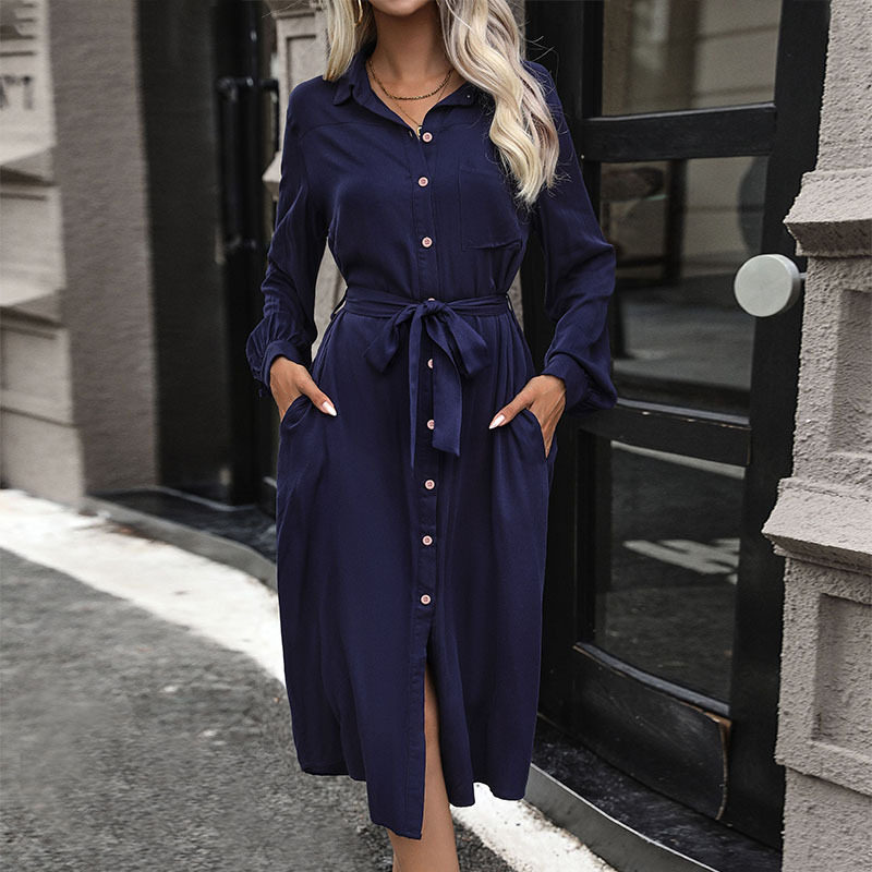 Long Sleeve Shirt Dress Solid Color Casual Style Comfortable Fit Autumn Fashion for Work or Leisure Wholesale