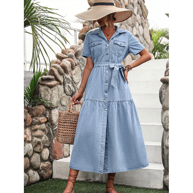 Elegant V Neck Denim Dress Womens Fashion European and American Style Chic Design Perfect for Casual Outings