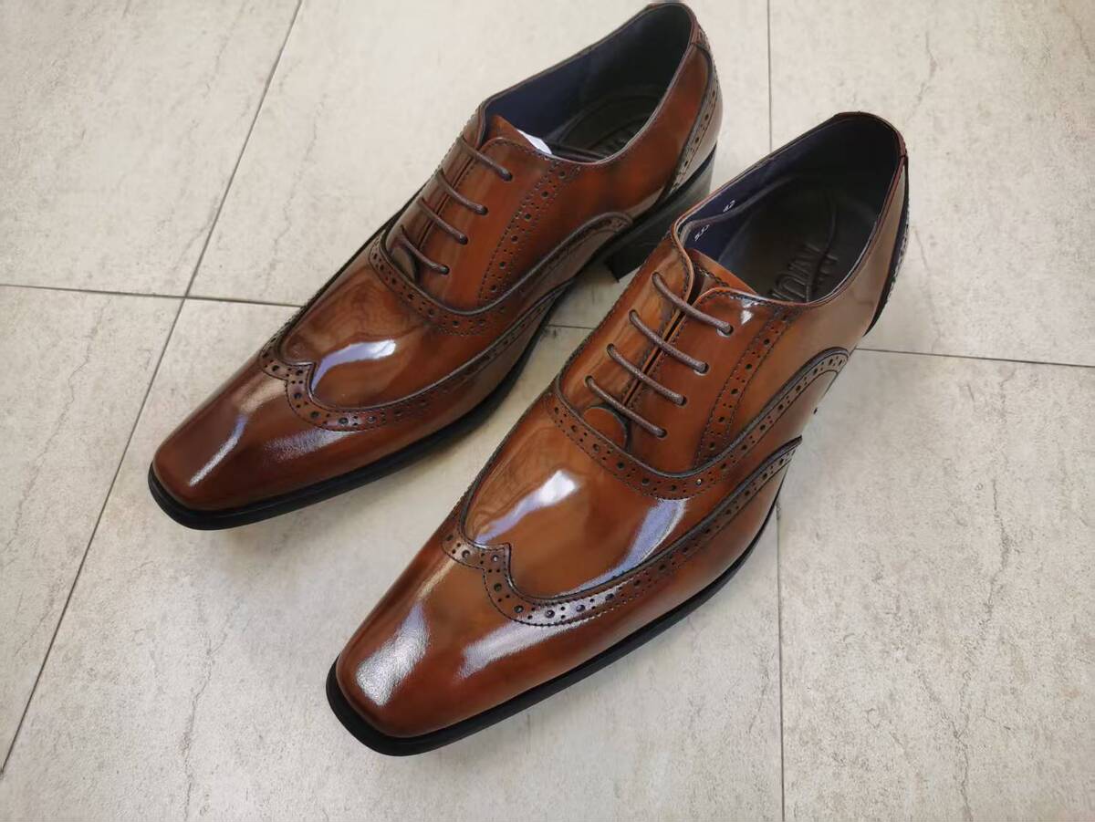 Giày tây nam Derby da bò thật thêu hoa văn brogue buộc dây bóng bề mặt — màu đen, Nâu phai màu