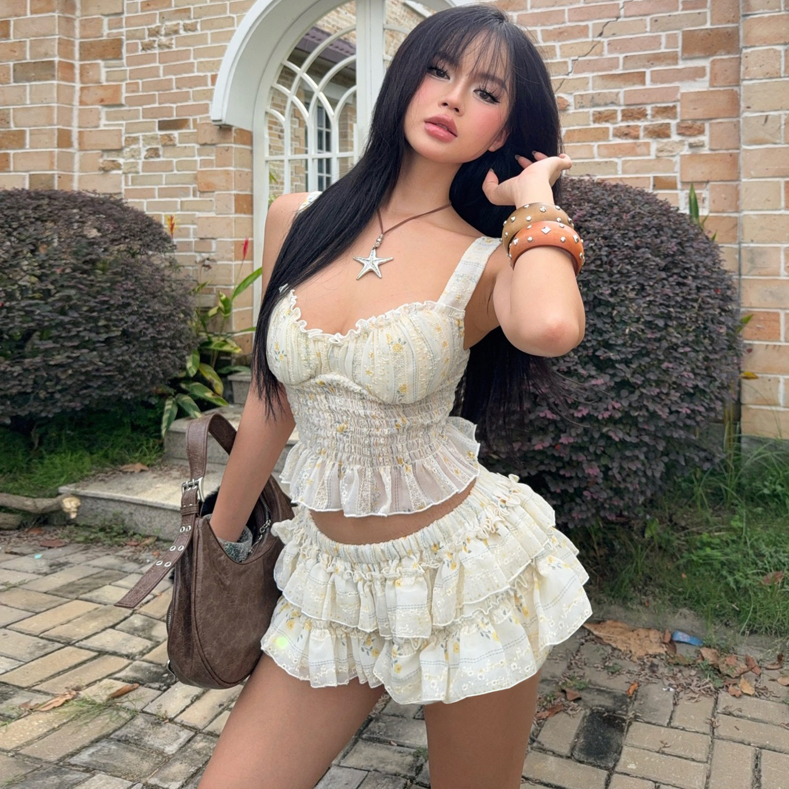 Floral Print Crop Top and Puff Skirt Set Sexy Elegant Spring Womens Fashion for Casual Outings Wholesale Available