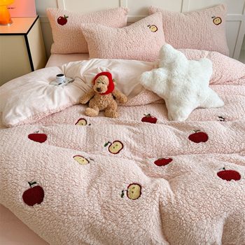 Winter Thickened Cashmere Four-Piece Set Cute Embroidered Milk Velvet Warm Quilt Cover Cartoon Three-Piece Set Bed Sheet
