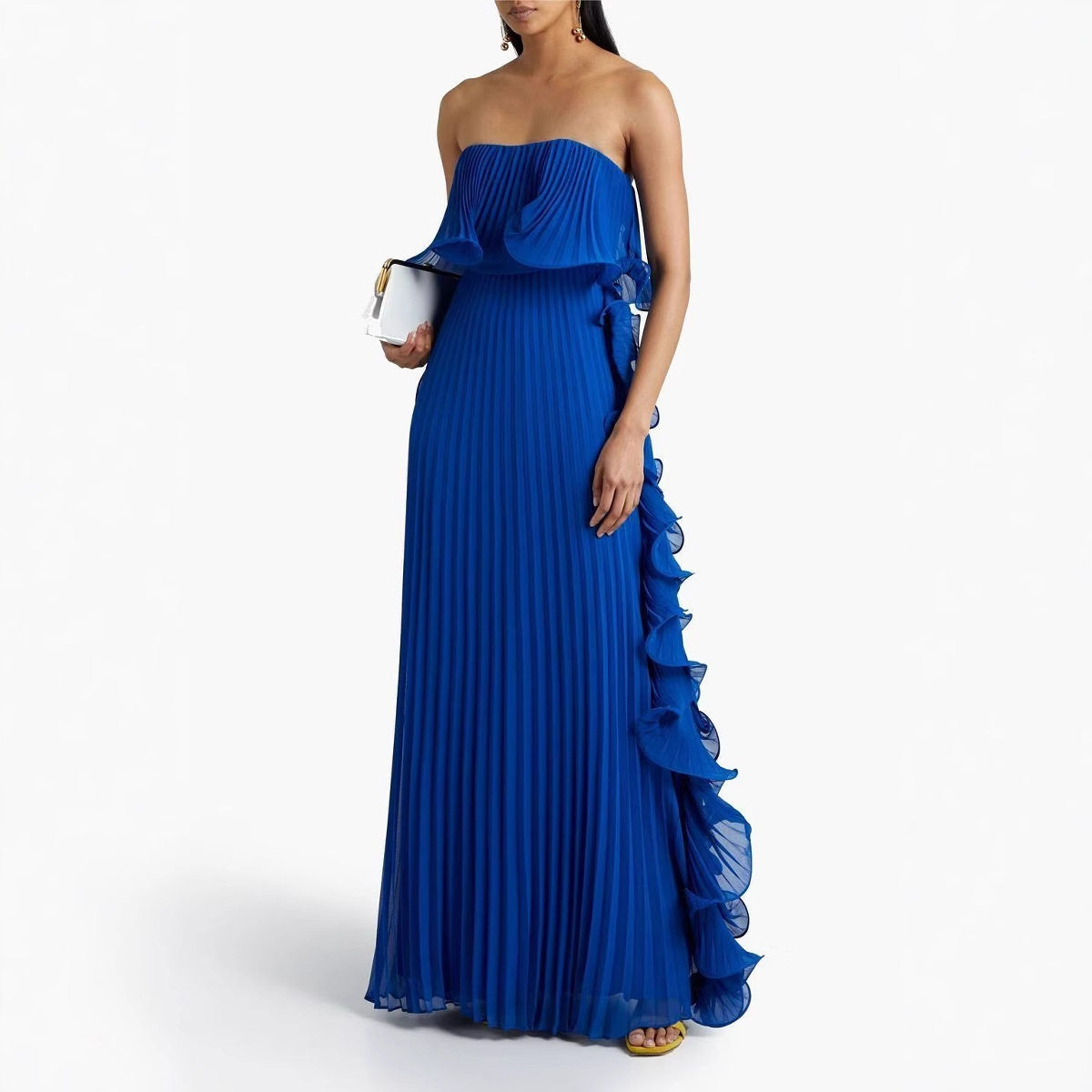 跨境欧美女装2025夏季新款ins风压褶裹胸大摆连衣裙