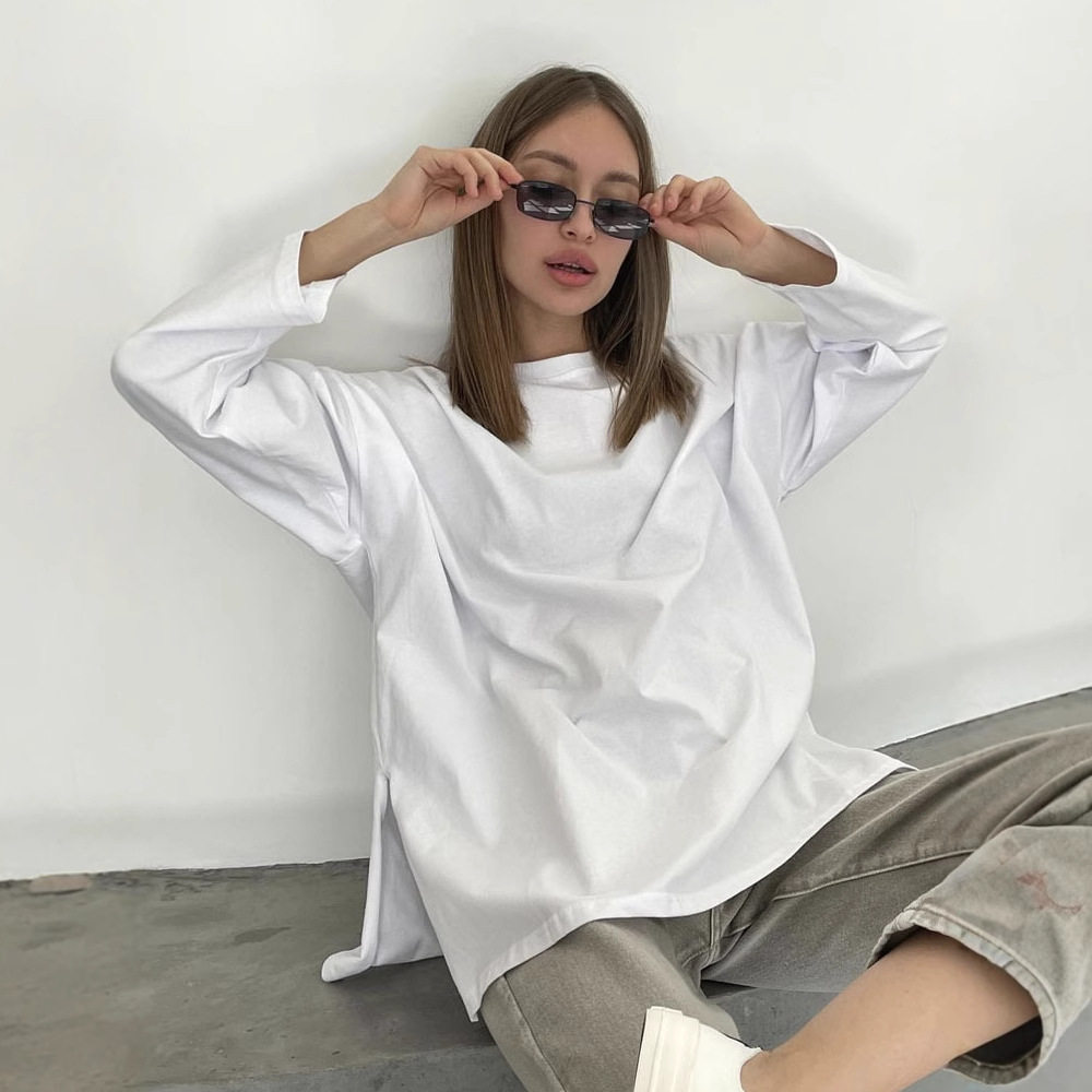 Loose Fit Long Sleeve Split T Shirt for Women 100 Cotton Solid Color Casual Style Spring Summer Collection