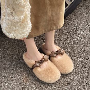 2025 New Autumn and Winter Baotou Fur Slippers for Outer Wear Bow Leopard Print Lazy Shoes Flat Plush Women's Shoes Wholesale