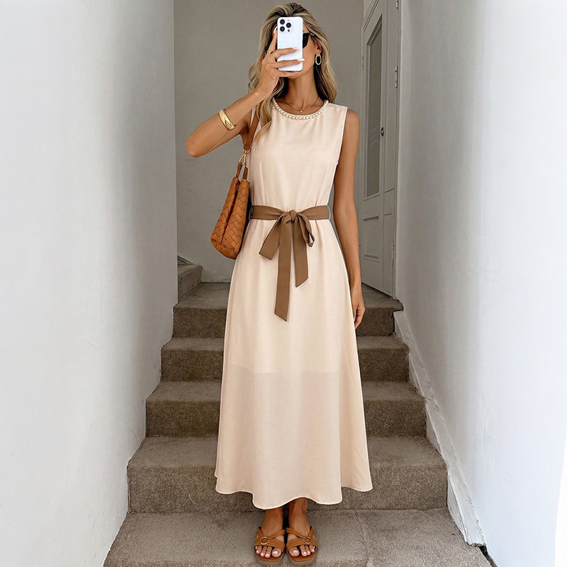 Elegant Sleeveless Dress Beaded Round Neck Waist Defined Minimalist Style Perfect for Summer Events Wholesale