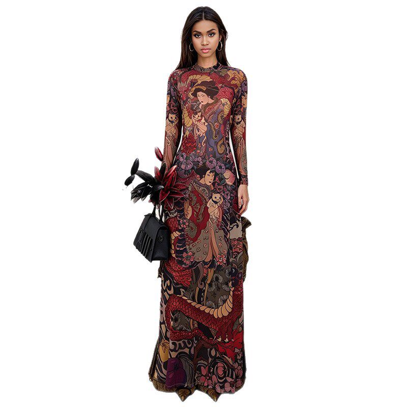 Womens Long Tunic Top Fashionable Round Neck Unique Print Slim Fit High Split Spring Style Wholesale Available
