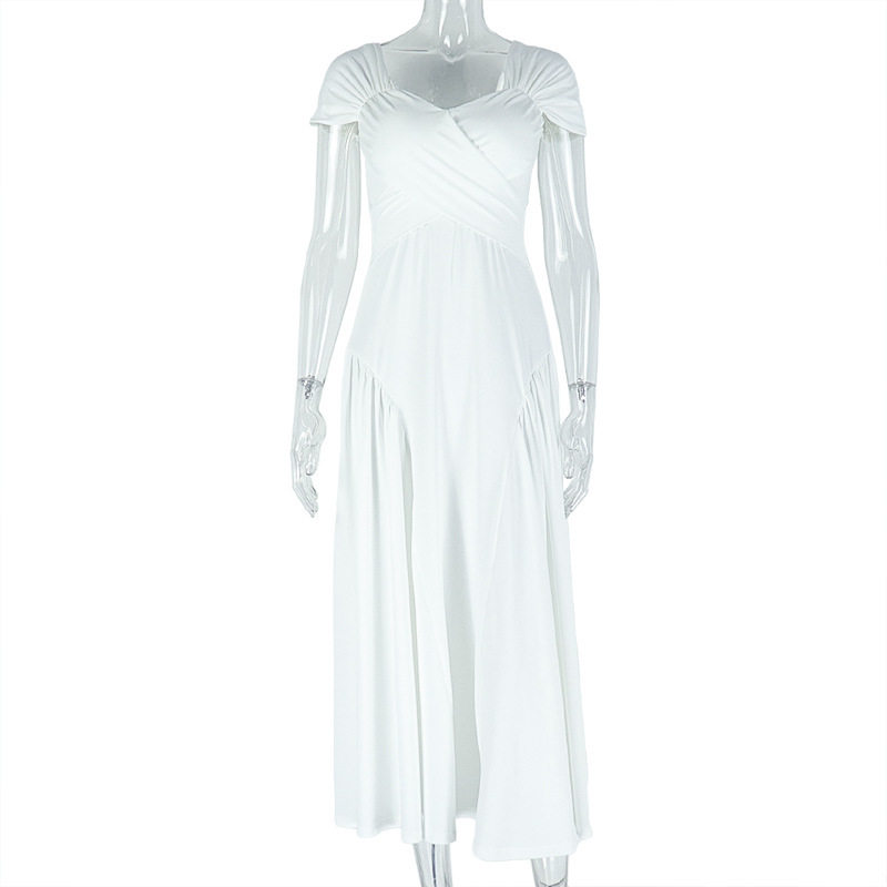 Elegant A Line Maxi Dress V Neck Short Sleeve Pleated Backless Perfect for Evening Events Wholesale Available