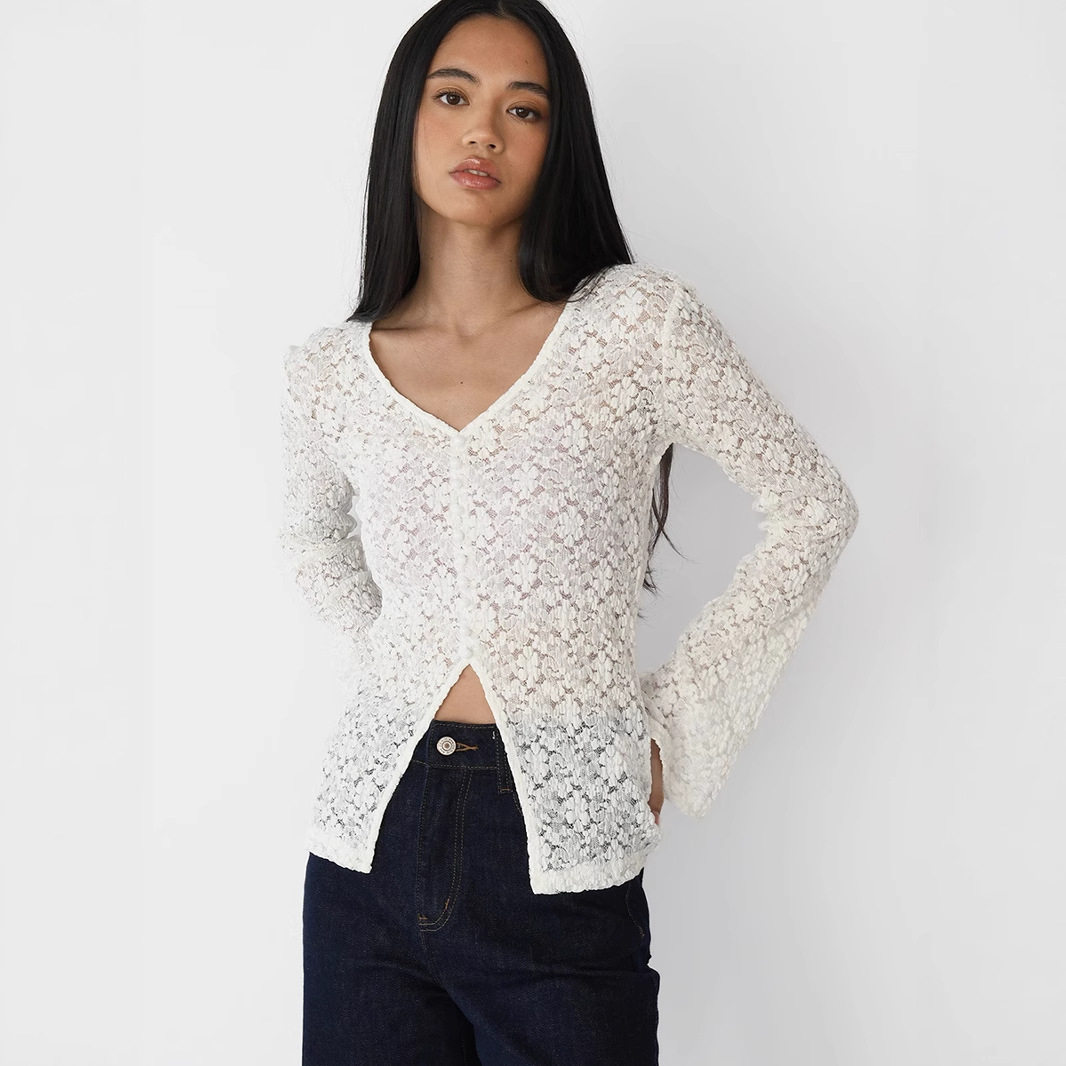 Lace Hollow Out Top Pearl Button Split Design Fitted Bell Sleeve Elegant Casual Wear for Women Wholesale Available