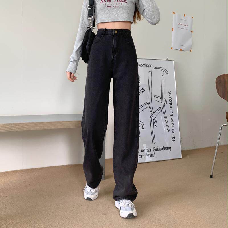 High Waisted Black Denim Pants for Women Loose Fit Straight Leg Floor Length Casual Autumn Style Wholesale Available