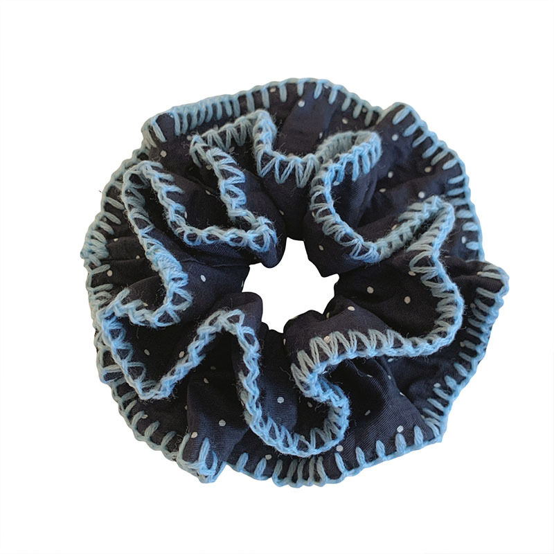 Navy Blue Polka Dot Stitching Lace Double-Layered Hair Tie for Women Korean Style Hair Tie Ball Hair Rope Headband