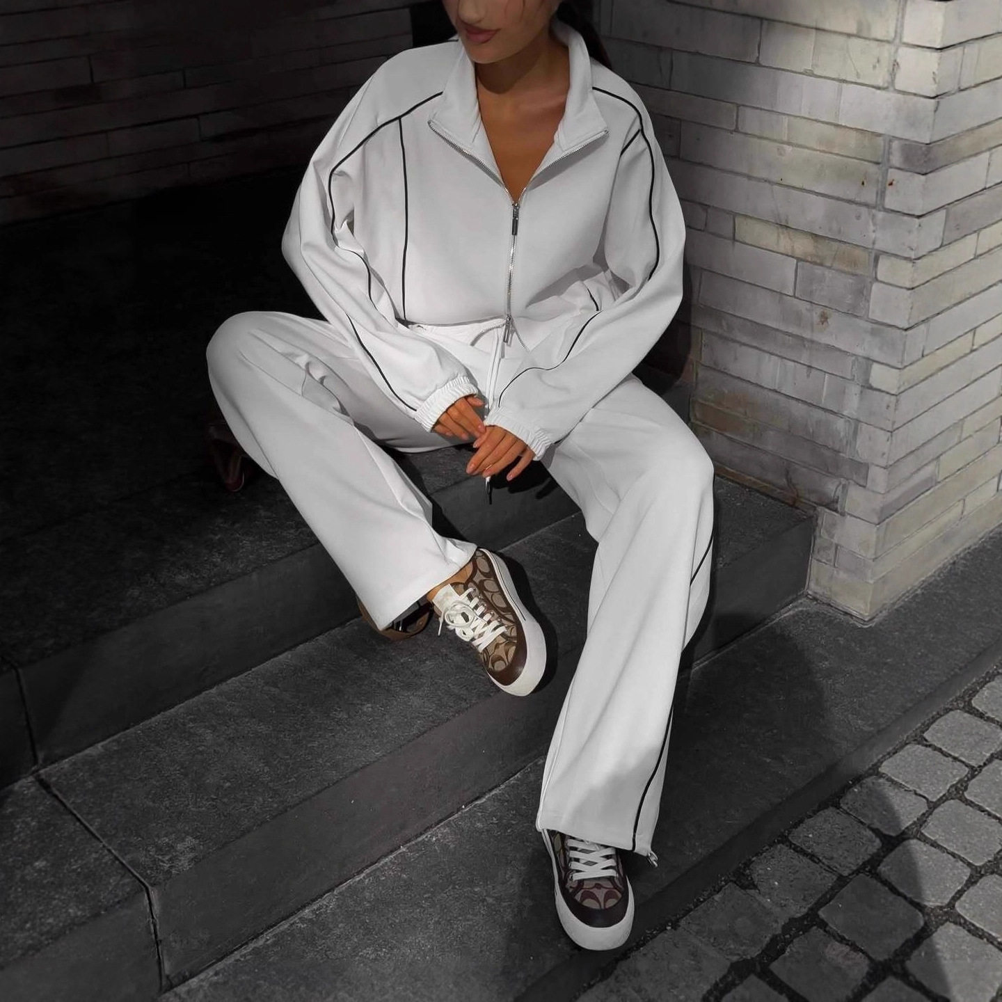 Womens Batwing Sleeve Zip Up Cotton Sweatshirt Set Solid Color Loose Fit Athletic Style Wholesale Available