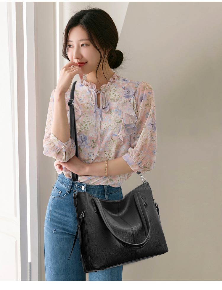Túi xách tay nữ da mềm cỡ trung phong cách cổ điển, túi tote đeo vai và đeo chéo — màu đen, màu đỏ, Màu kaki, Màu nâu