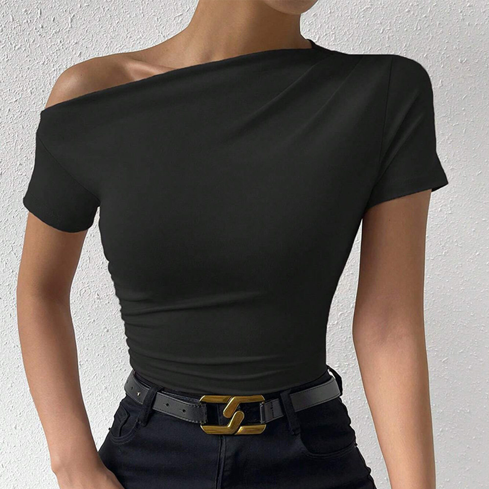 Womens Slim Fit Short Sleeve T Shirt Asymmetrical Neckline Solid Color Summer Style Wholesale Available